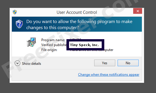 Screenshot where Tiny Speck, Inc. appears as the verified publisher in the UAC dialog